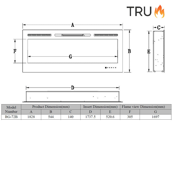 2025 TruFlame™ 72inch Wide Black Wall Mounted Electric Fire