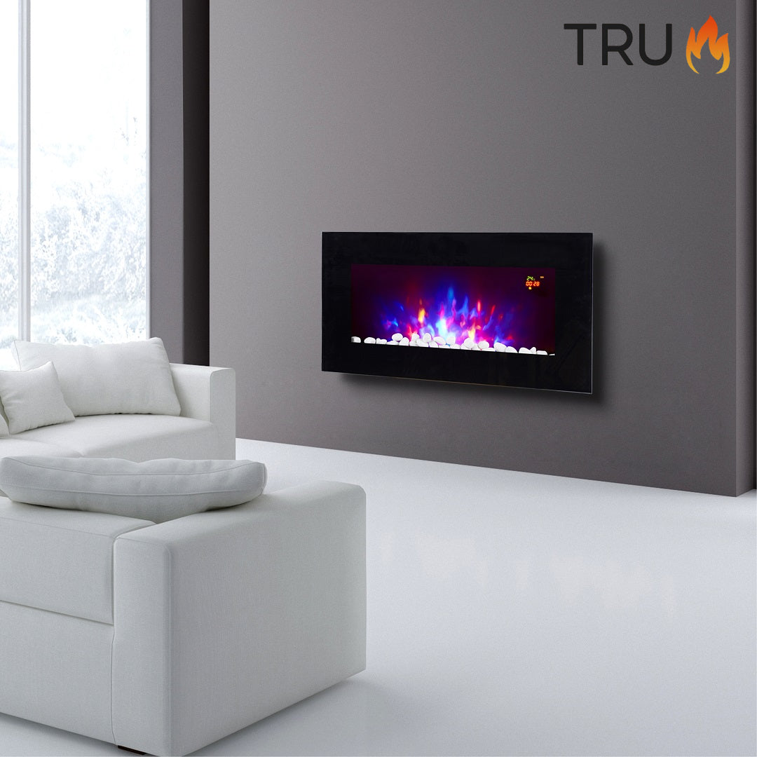 2025 TruFlame™ 73cm Wide Wall Mounted Flat Black Glass Electric Fire with GLOW sides