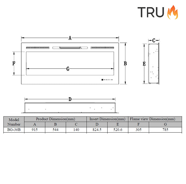 2025 TruFlame™ 36inch Black Wall Mounted Electric Fire