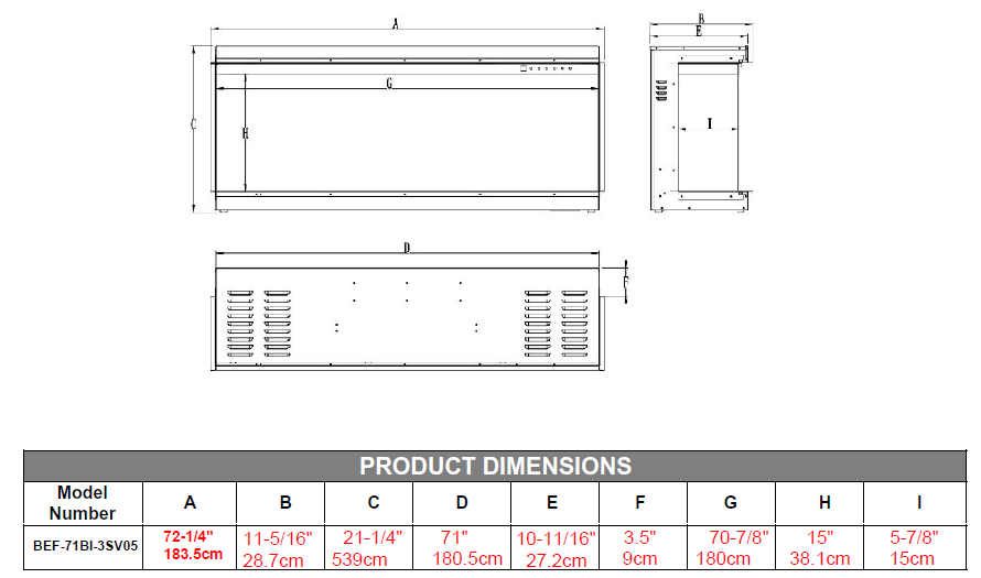 2025 TruFlame™ 72inch Wide 3 sided Media Wall Electric Fire