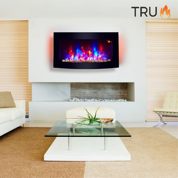 2025 TruFlame™ 89cm Wide Wall Mounted Curved Black Glass Electric Fire with Pebbles and GLOW effect