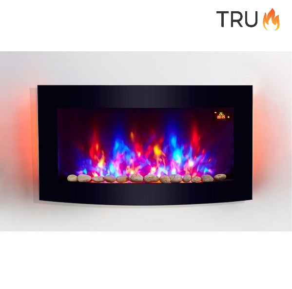 2025 TruFlame™ 89cm Wide Wall Mounted Curved Black Glass Electric Fire with Pebbles and GLOW effect