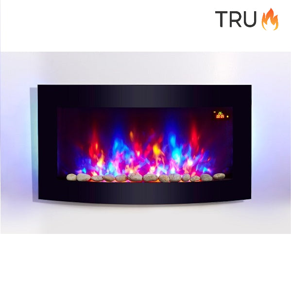 2025 TruFlame™ 89cm Wide Wall Mounted Curved Black Glass Electric Fire with Pebbles and GLOW effect