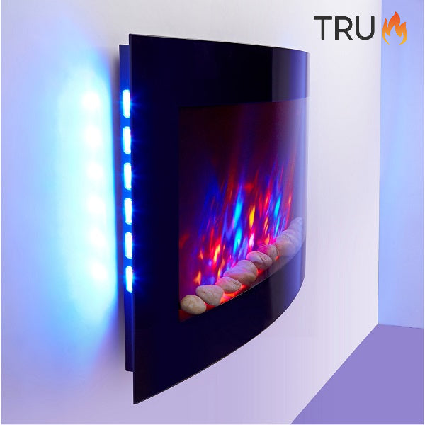 2025 TruFlame™ 89cm Wide Wall Mounted Curved Black Glass Electric Fire with Pebbles and GLOW effect