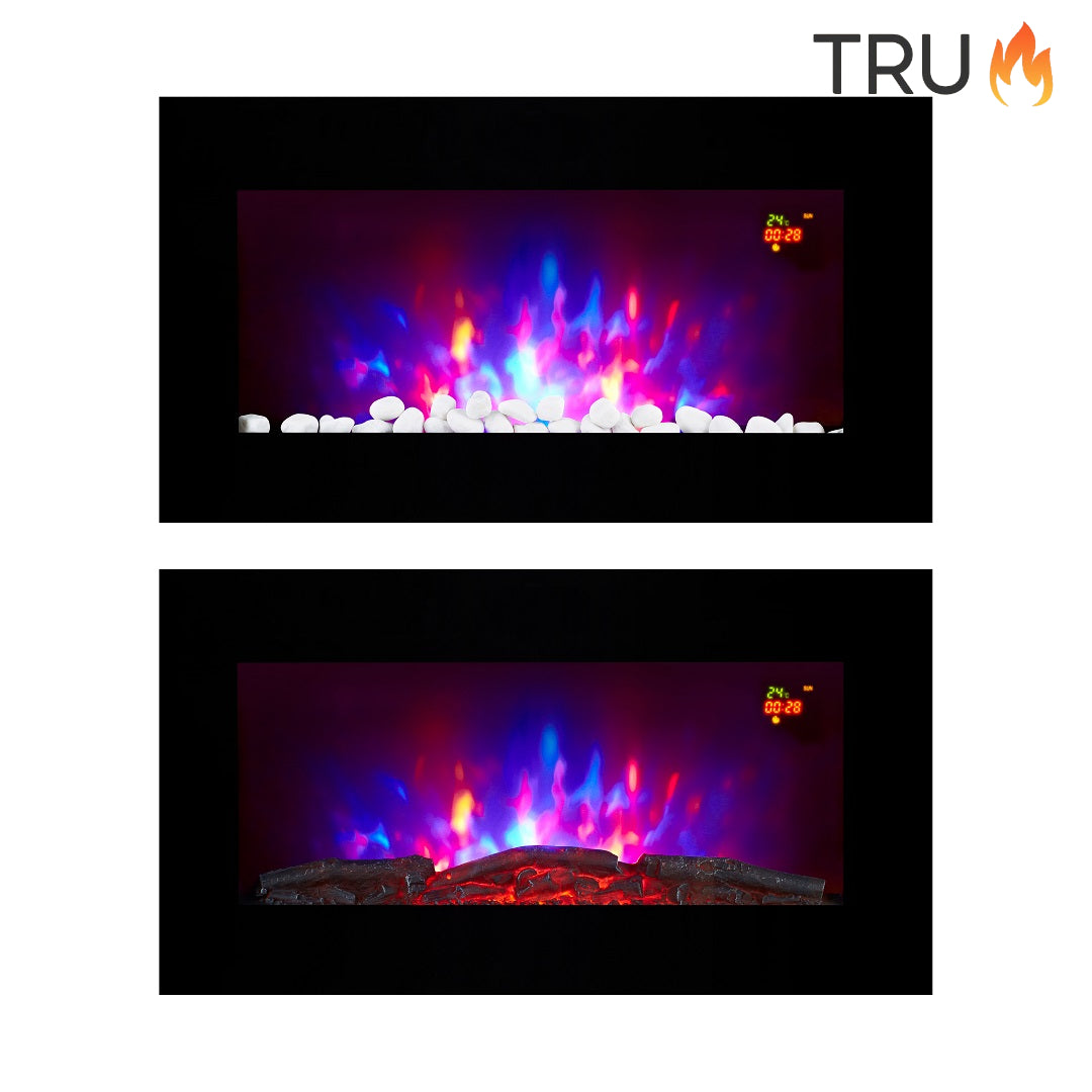 2025 TruFlame™ 73cm Wide Wall Mounted Flat Black Glass Electric Fire with GLOW sides