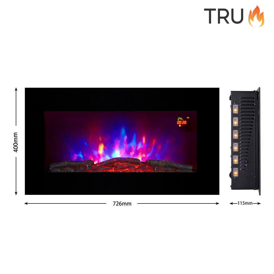 2025 TruFlame™ 73cm Wide Wall Mounted Flat Black Glass Electric Fire with GLOW sides