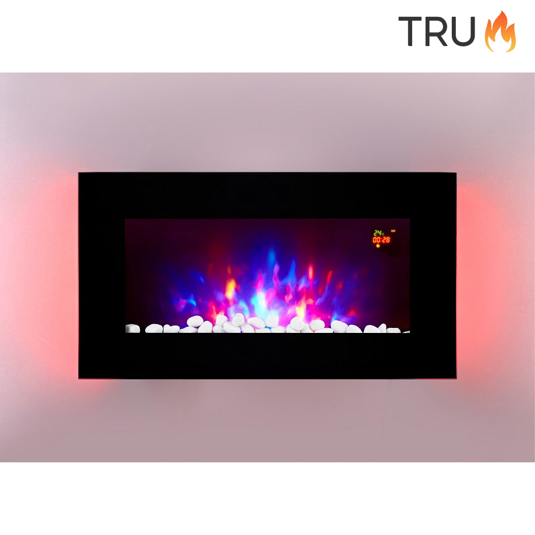 2025 TruFlame™ 73cm Wide Wall Mounted Flat Black Glass Electric Fire with GLOW sides