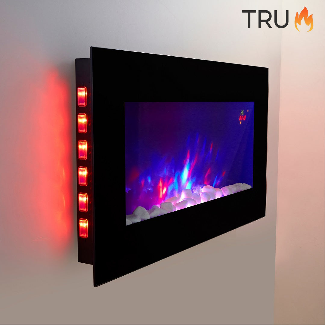 2025 TruFlame™ 73cm Wide Wall Mounted Flat Black Glass Electric Fire with GLOW sides