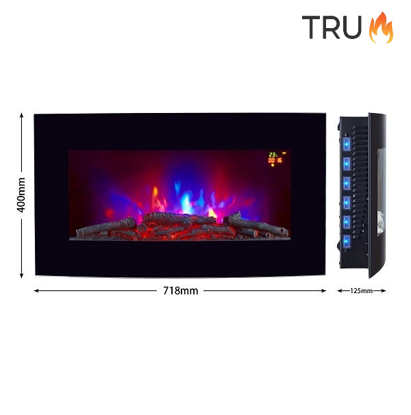 2025 TruFlame™ 72cm Wide Wall Mounted Arched Black Glass Electric Fire with GLOW sides