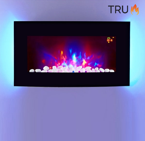 2025 TruFlame™ 72cm Wide Wall Mounted Arched Black Glass Electric Fire with GLOW sides