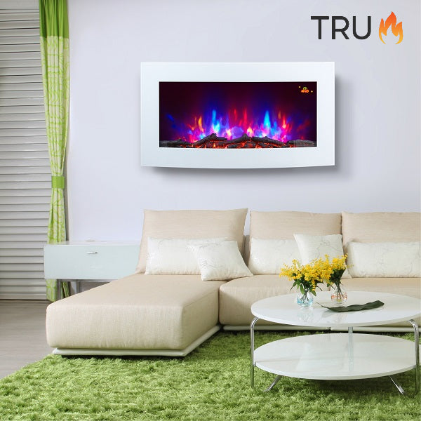 2025 TruFlame™ 89cm Wide Wall Mounted Curved White Glass Electric Fire with Logs and GLOW Effect