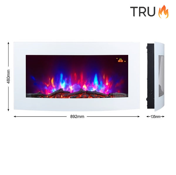 2025 TruFlame™ 89cm Wide Wall Mounted Curved White Glass Electric Fire with Logs and GLOW Effect