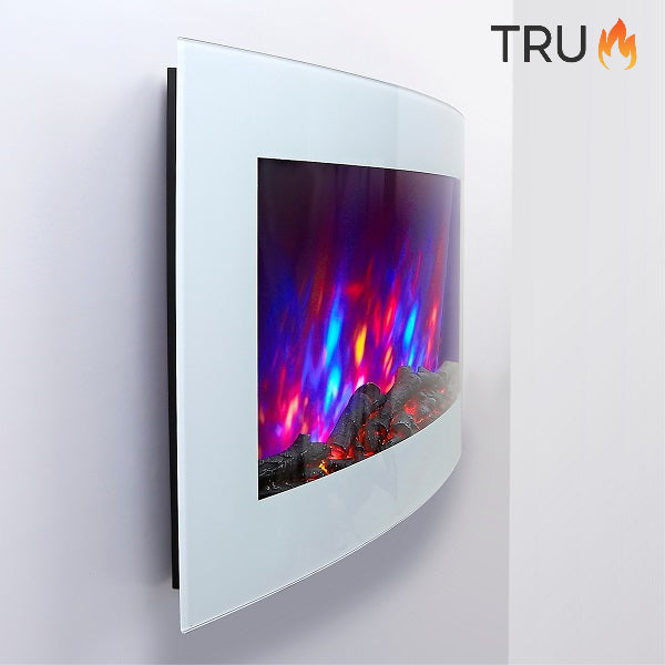 2025 TruFlame™ 89cm Wide Wall Mounted Curved White Glass Electric Fire with Logs and GLOW Effect