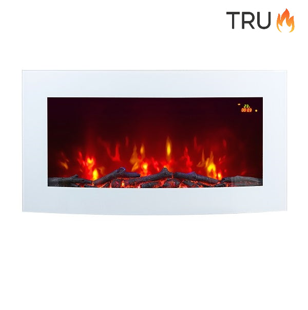 2025 TruFlame™ 89cm Wide Wall Mounted Curved White Glass Electric Fire with Logs and GLOW Effect
