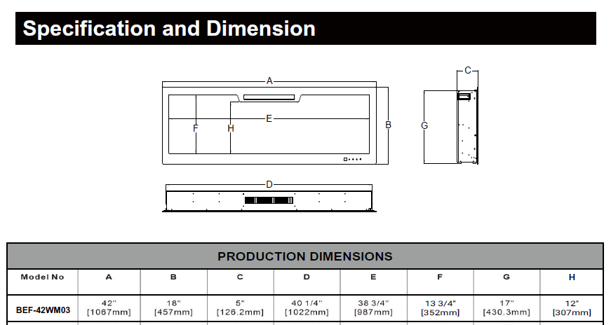2026 TruFlame™ 42inch Wide Black Wall Mounted Electric Fire