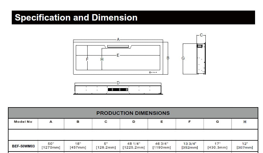 2025 TruFlame™ 50inch Wide Black Wall Mounted Electric Fire