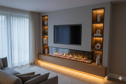 2025 TruFlame™ LCD Premium 60inch Wide 3 sided Media Wall Electric Fire with Aquarium