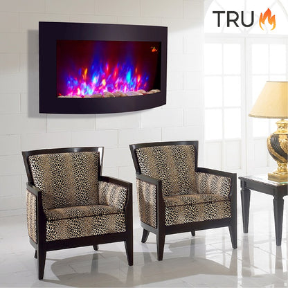 2025 TruFlame™ 89cm Wide Wall Mounted Curved Black Glass Electric Fire with Pebbles