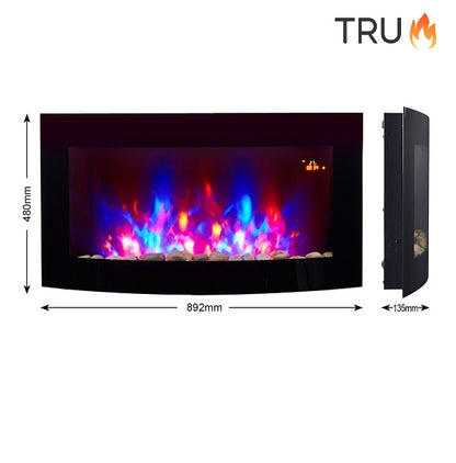 2025 TruFlame™ 89cm Wide Wall Mounted Curved Black Glass Electric Fire with Pebbles