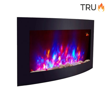 2025 TruFlame™ 89cm Wide Wall Mounted Curved Black Glass Electric Fire with Pebbles