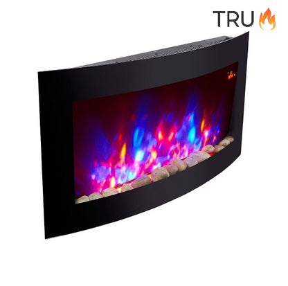 2025 TruFlame™ 89cm Wide Wall Mounted Curved Black Glass Electric Fire with Pebbles