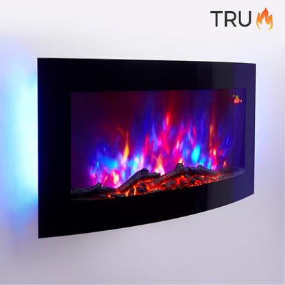 2025 TruFlame™ 89cm Wide Wall Mounted Curved Black Glass Electric Fire with GLOW sides and Logs