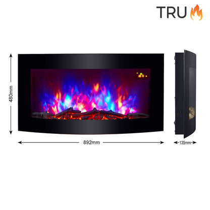 2025 TruFlame™ 89cm Wide Wall Mounted Curved Black Glass Electric Fire with GLOW sides and Logs